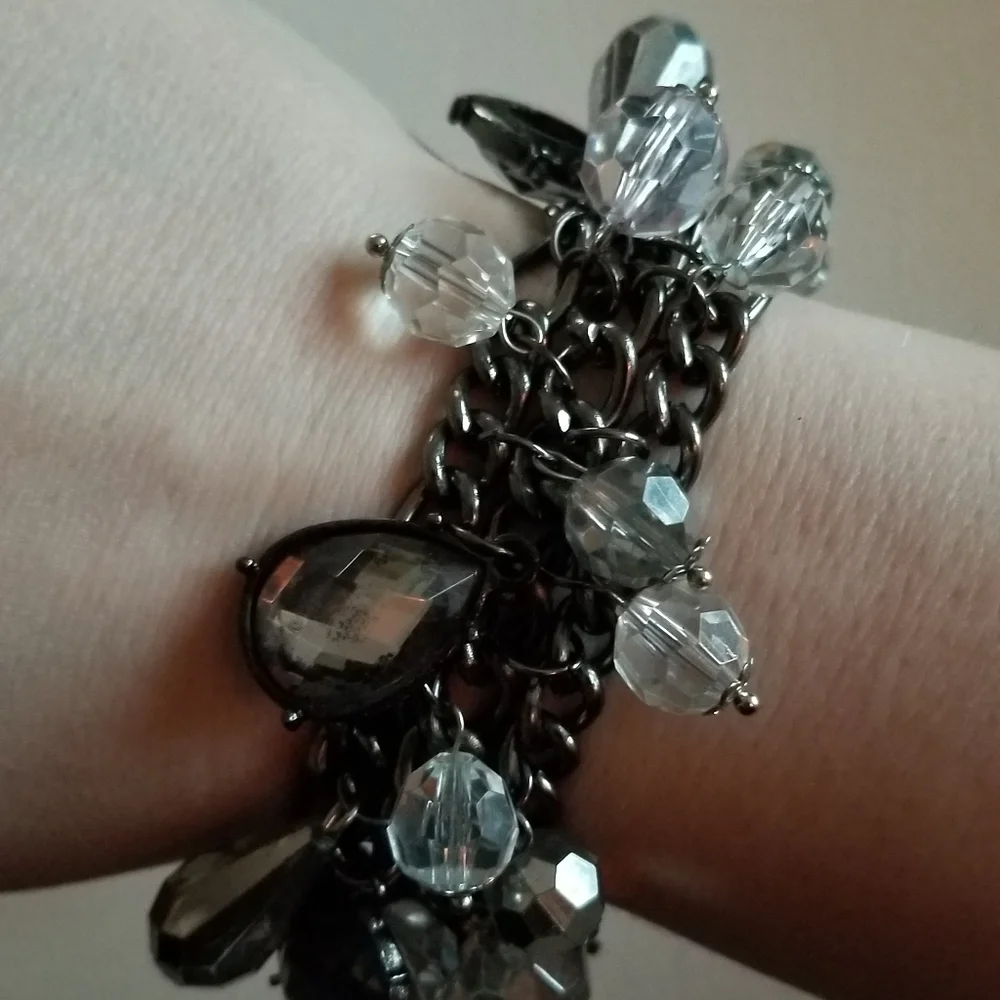 Charm bracelet crystals dark silver tone metal
